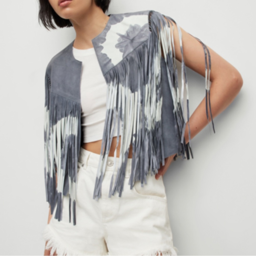 All Saints Evie tie dyed leather fringe vest size 10